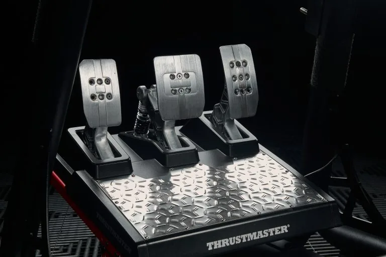 A close-up of the Thrustmaster load-cell racing simulator pedals