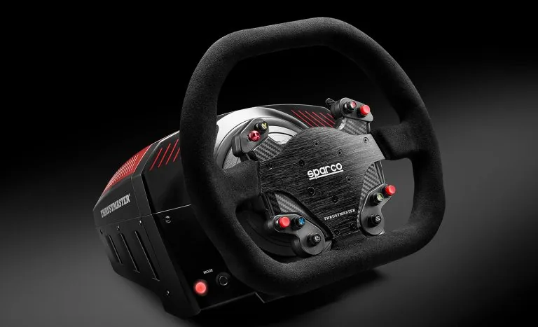 A close-up of the Thrustmaster TS-XW racing simulator wheel
