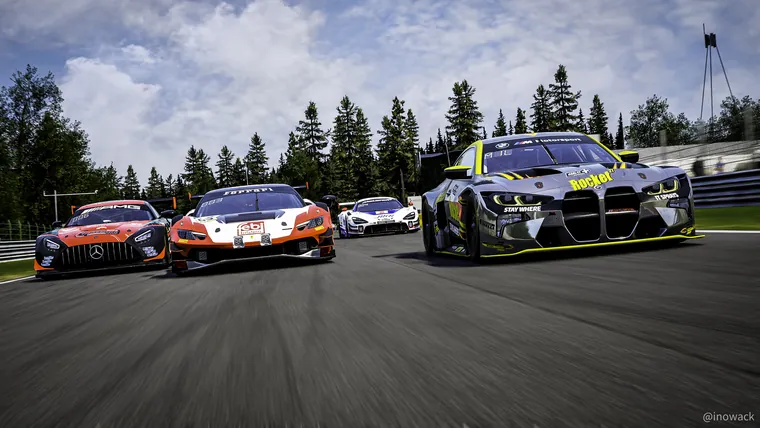 The Febi Intercars Ferrari and the Rocket TT BMW in a pack of GT3 cars at Spa-Francorchamps