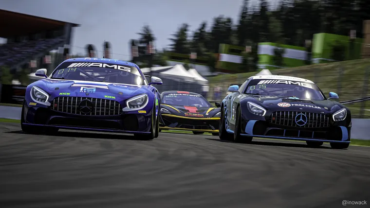 Two Mercedes-AMG GT4 cars battling at Spa-Francorchamps