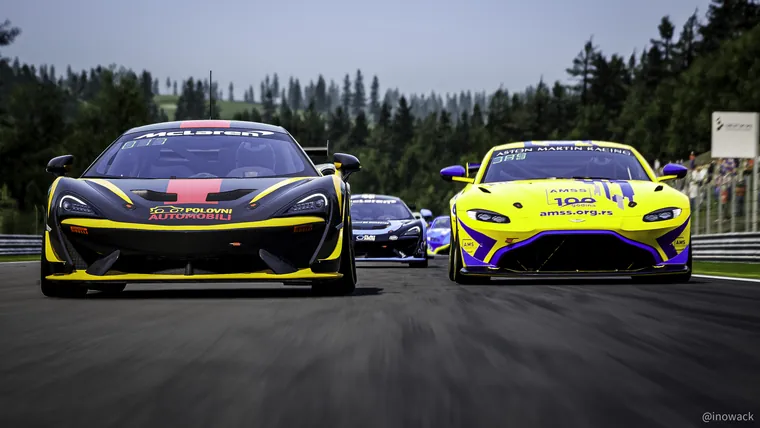The Polovni automobili McLaren GT4 battling a yellow Aston Martin GT4