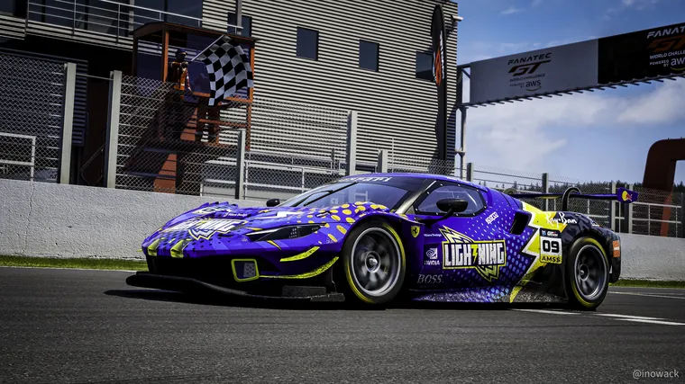 Miloš Tomić's Lightning Racing Ferrari passing under the chequered flag