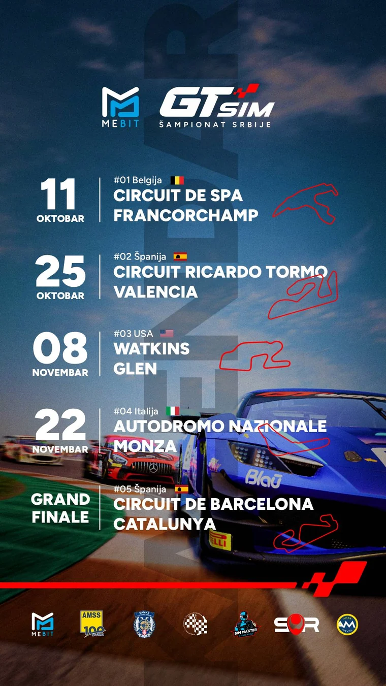 The 2026 Serbian GT Sim Championship calendar — Spa-Francorchamps, Valencia, Watkins Glen, Monza and the Grand Finale in Barcelona